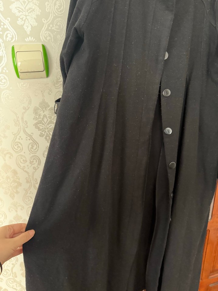 Düğmeli Siyah Uzun Kadın Keten Kaban - Görsel 4