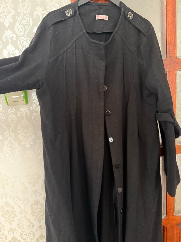 Düğmeli Siyah Uzun Kadın Keten Kaban - Görsel 2