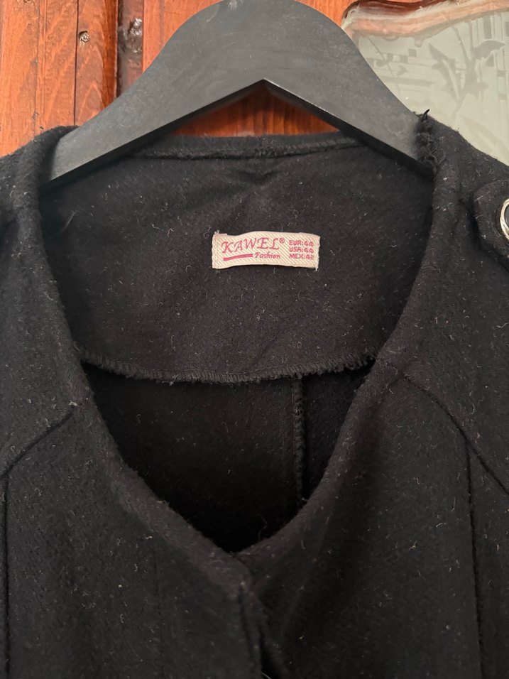 Düğmeli Siyah Uzun Kadın Keten Kaban - Görsel 3