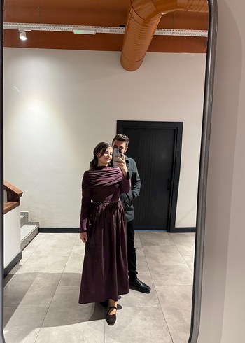 Mor Uzun Kollu Drapeli Elbise - Görsel 2