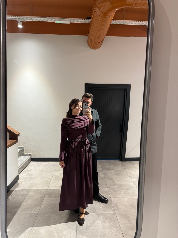 Mor Uzun Kollu Drapeli Elbise - Görsel 2