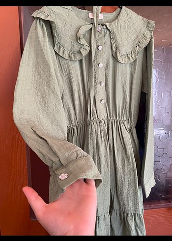 Kadın Haki Uzun Keten Elbise - Görsel 2