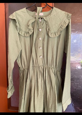 Kadın Haki Uzun Keten Elbise - Görsel 3