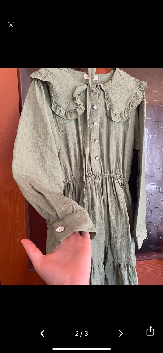 Kadın Haki Uzun Keten Elbise - Görsel 2