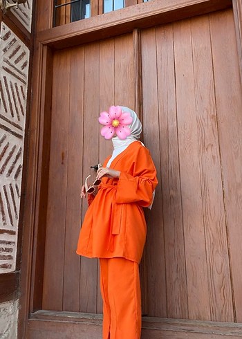 Turuncu Midi Keten Kimono, Salaş ve Drapeli - Görsel 2