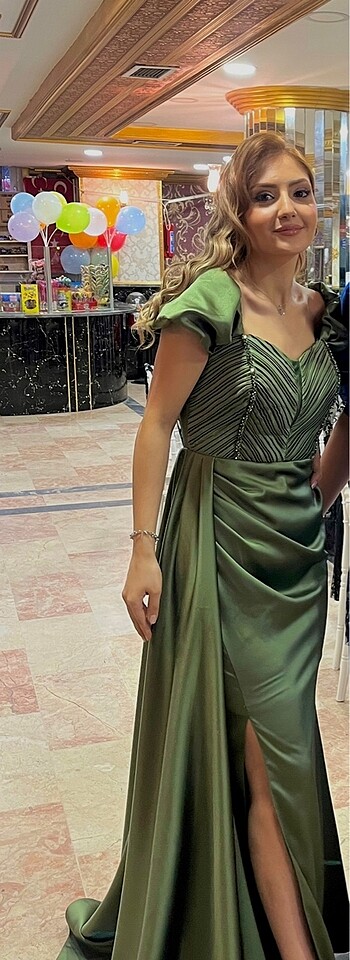 m Beden Haki saten abiye/elbise