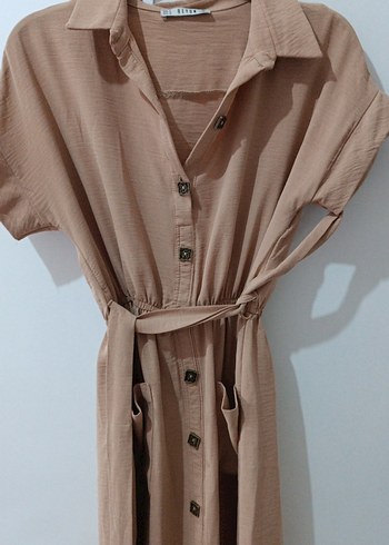 Bej Düğmeli Keten Uzun Elbise - Görsel 3