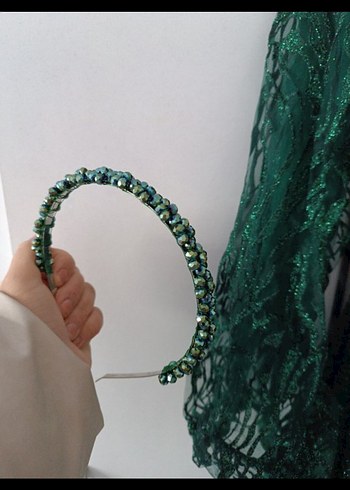 Dantel Detaylı Uzun Yeşil V Yaka Elbise - Görsel 5