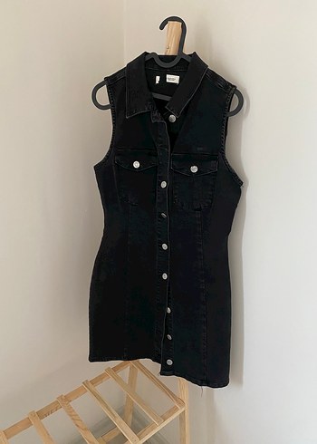 Düğmeli Siyah Kot/Denim Midi Elbise