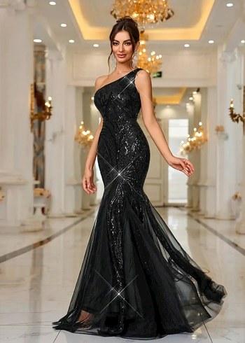 Pul İşlemeli Siyah Uzun Abiye Elbise - Görsel 2