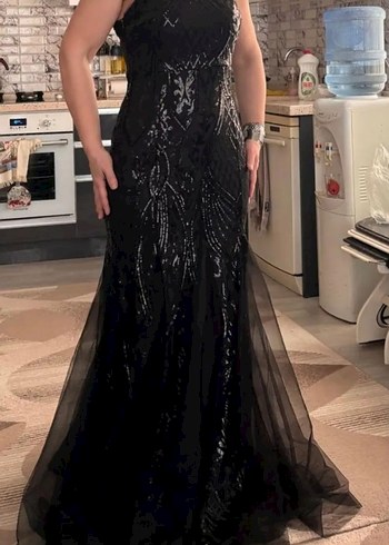 Pul İşlemeli Siyah Uzun Abiye Elbise - Görsel 5