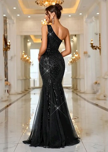 Pul İşlemeli Siyah Uzun Abiye Elbise - Görsel 3