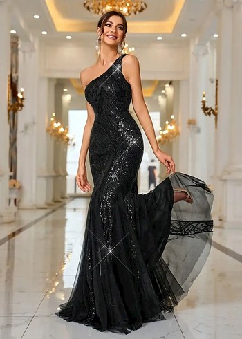 Pul İşlemeli Siyah Uzun Abiye Elbise - Görsel 4