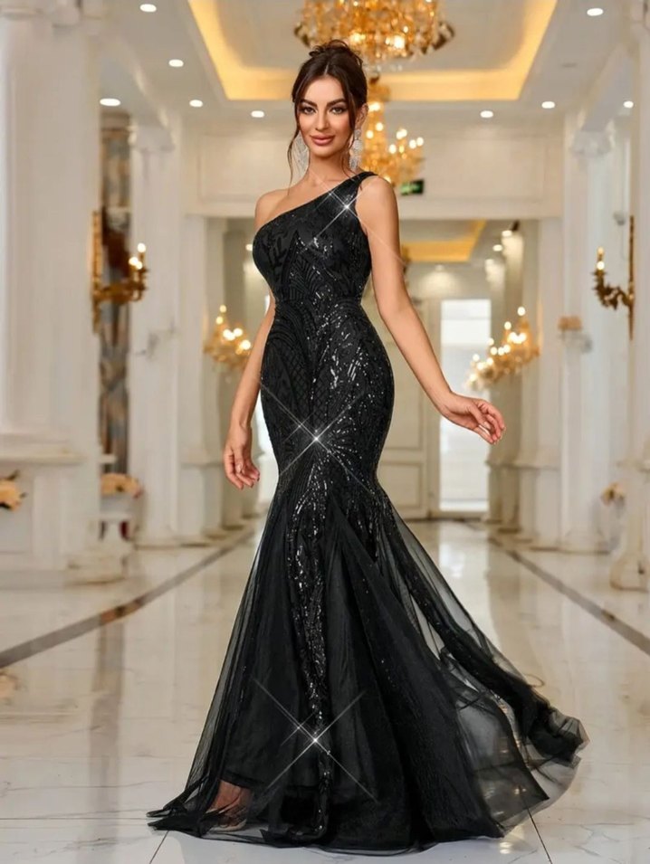 Pul İşlemeli Siyah Uzun Abiye Elbise - Görsel 2