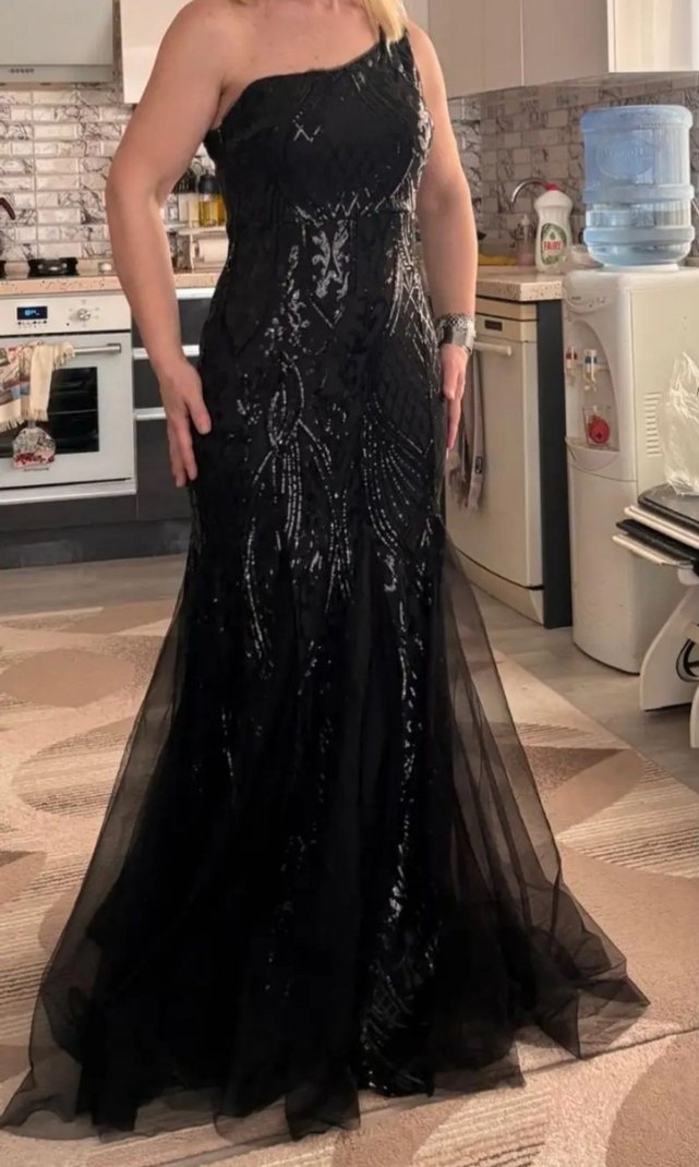 Pul İşlemeli Siyah Uzun Abiye Elbise - Görsel 5