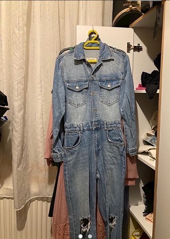 Düğmeli Uzun Denim Tulum