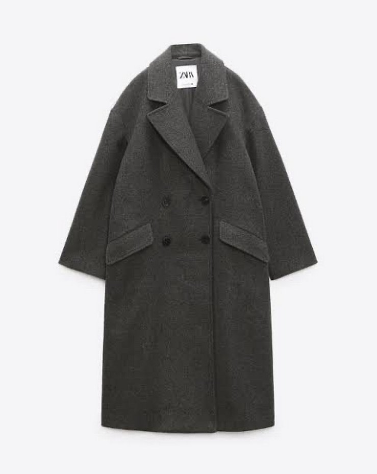 Çift Düğmeli Uzun Koyu Gri Kaban - Görsel 2