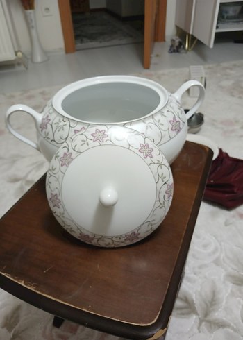 Çiçek Desenli Beyaz Porselen Çorba Tenceresi - Görsel 2