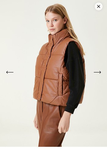 Kahverengi Kadın Deri Kemerli Mini Puf Yelek - Görsel 2