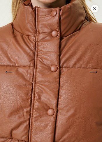 Kahverengi Kadın Deri Kemerli Mini Puf Yelek - Görsel 3