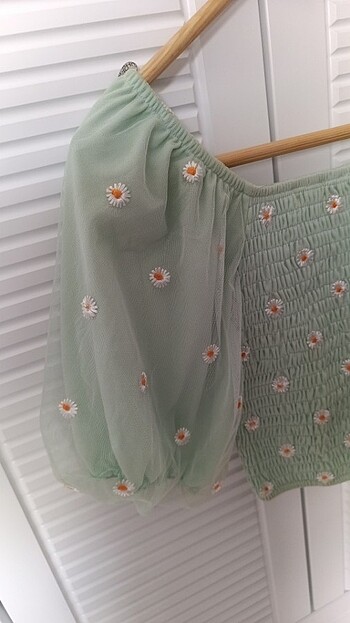 l Beden turkuaz Renk Papatya desenli crop bluz