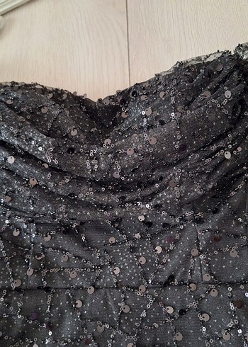 Siyah pullu taş boncuklu Uzun Drapeli Gece Elbisesi - Görsel 5