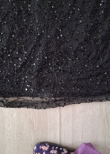 Siyah pullu taş boncuklu Uzun Drapeli Gece Elbisesi - Görsel 8