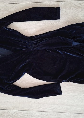 Lacivert Kadife Uzun V Yaka Elbise - Görsel 4