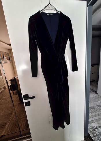 Lacivert Kadife Uzun V Yaka Elbise - Görsel 7