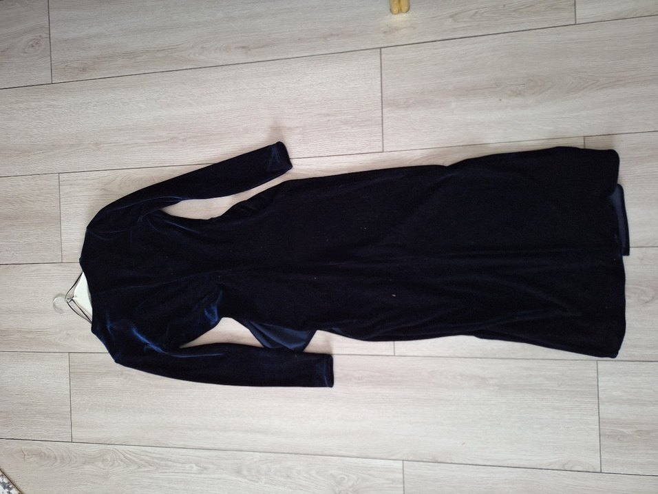 Lacivert Kadife Uzun V Yaka Elbise - Görsel 3