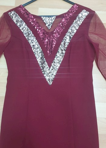 Bordo Payetli Uzun Kollu Abiye Elbise - Görsel 2