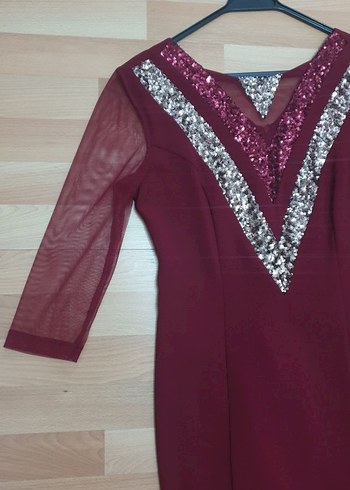 Bordo Payetli Uzun Kollu Abiye Elbise - Görsel 5