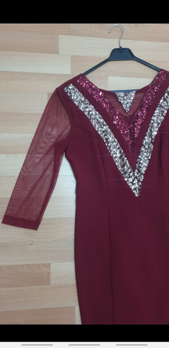 Bordo Payetli Uzun Kollu Abiye Elbise - Görsel 5