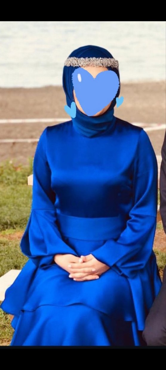 Uzun Kollu Mavi Kat Katlı Abiye Elbise - Görsel 2