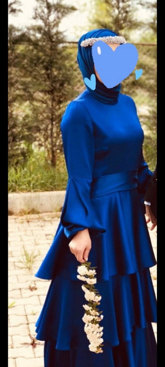 Uzun Kollu Mavi Kat Katlı Abiye Elbise - Görsel 3