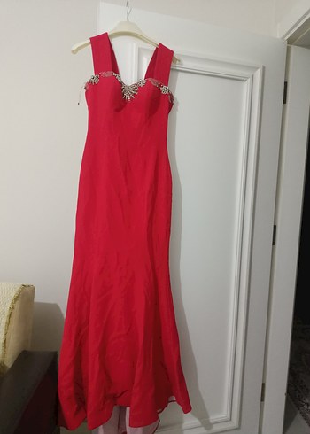 Kırmızı V Yaka Payetli Uzun Abiye Elbise - Görsel 3