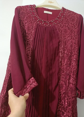 Bordo Uzun Kollu Desenli Kadın Elbise - Görsel 5