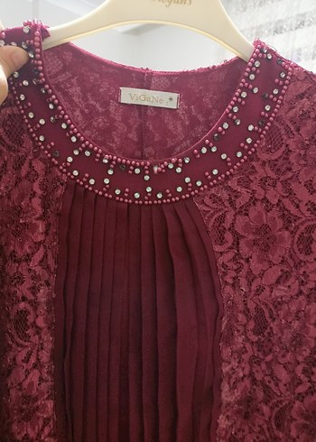 Bordo Uzun Kollu Desenli Kadın Elbise - Görsel 4