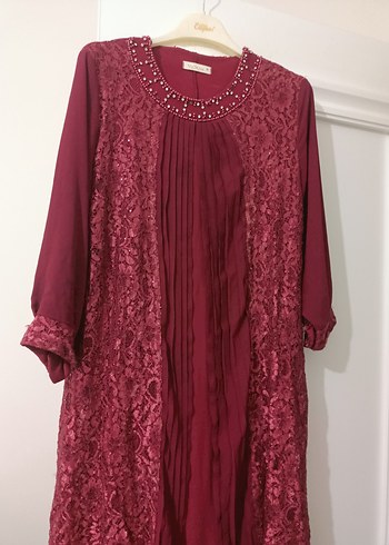 Bordo Uzun Kollu Desenli Kadın Elbise - Görsel 2