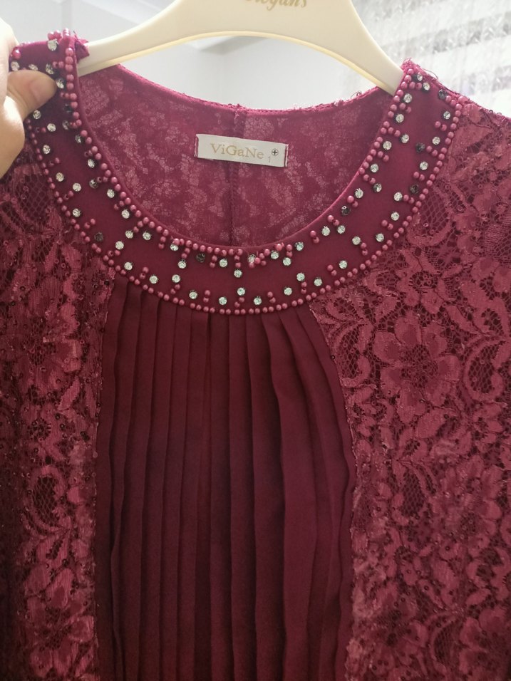 Bordo Uzun Kollu Desenli Kadın Elbise - Görsel 4