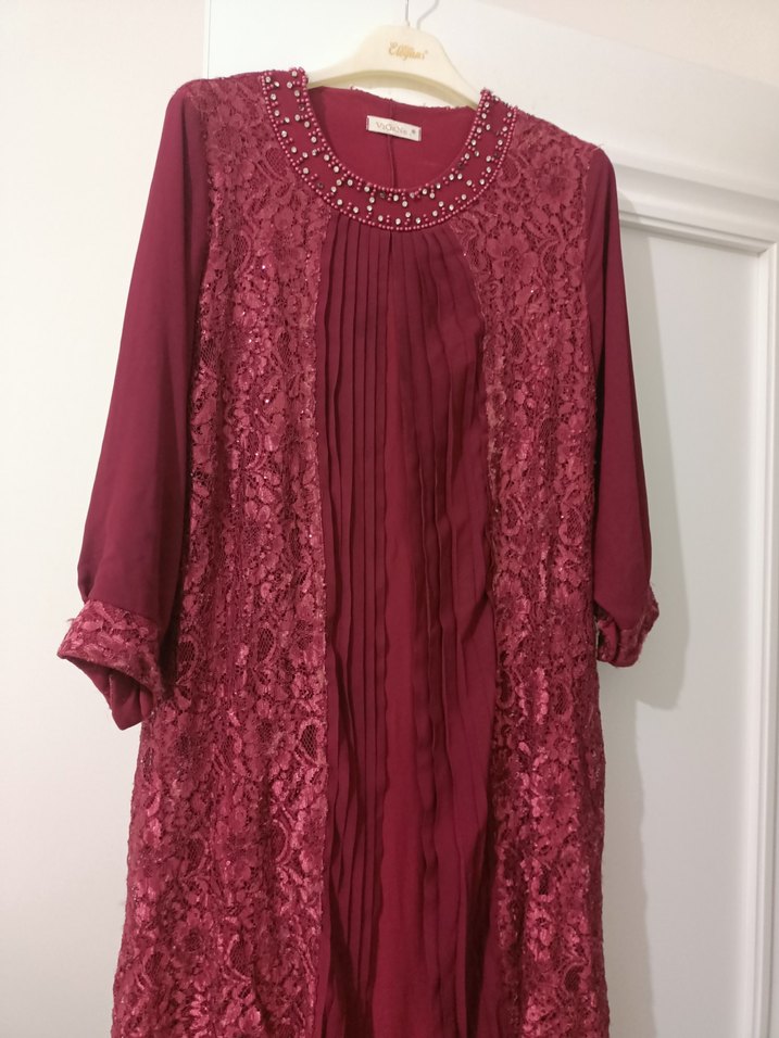 Bordo Uzun Kollu Desenli Kadın Elbise - Görsel 2