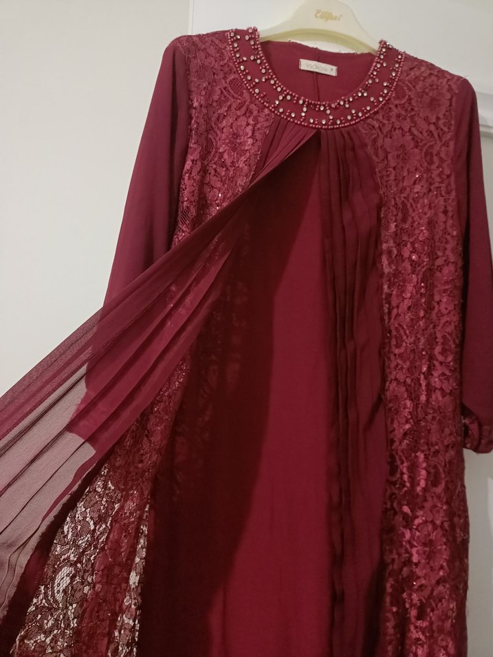 Bordo Uzun Kollu Desenli Kadın Elbise - Görsel 3