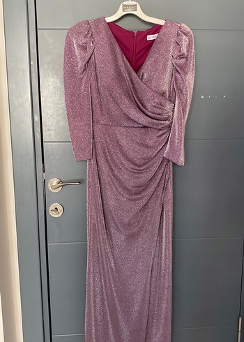 Uzun Kollu Mor Straplez Drapeli Kadın Abiye - Görsel 2