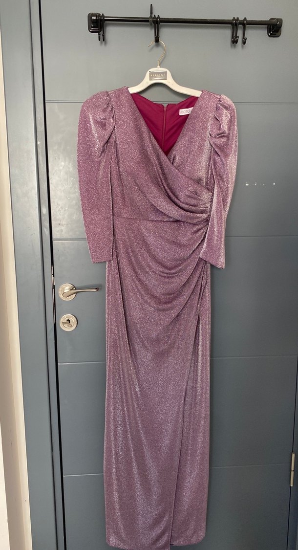 Uzun Kollu Mor Straplez Drapeli Kadın Abiye - Görsel 2