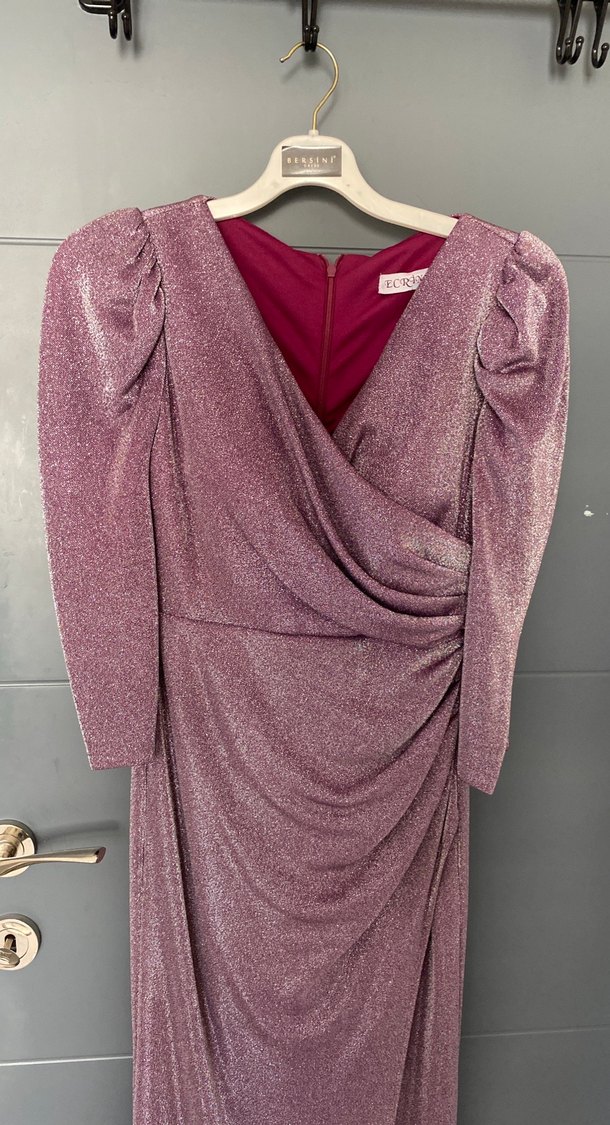 Uzun Kollu Mor Straplez Drapeli Kadın Abiye - Görsel 4