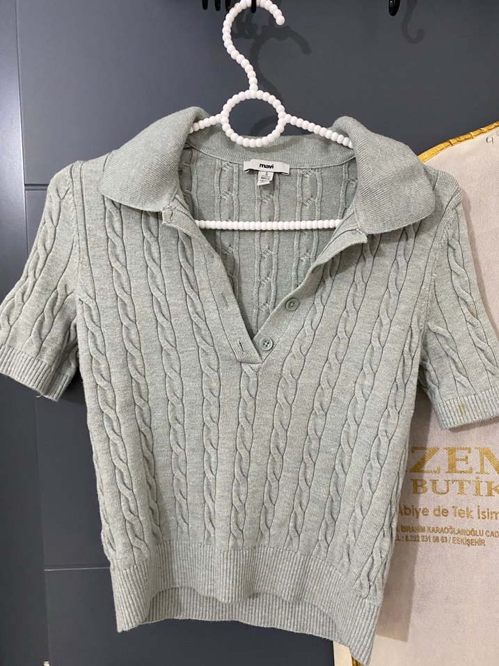 Gri Kısa Kollu Örgü Kadın Kazak - Görsel 2