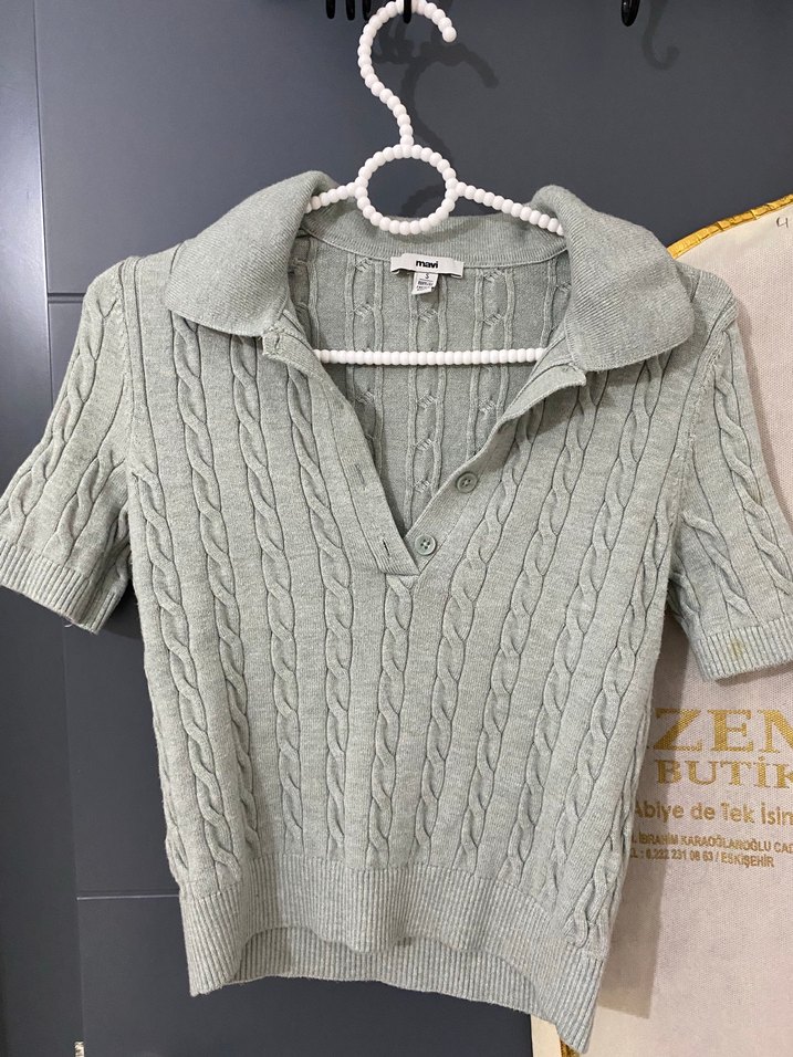 Gri Kısa Kollu Örgü Kadın Kazak - Görsel 3