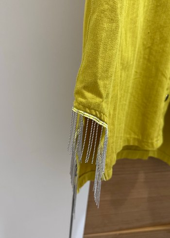 Hardal Sarı Düğmeli Uzun Kollu Keten Gömlek - Görsel 2