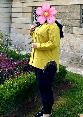 Hardal Sarı Düğmeli Uzun Kollu Keten Gömlek - Görsel 3