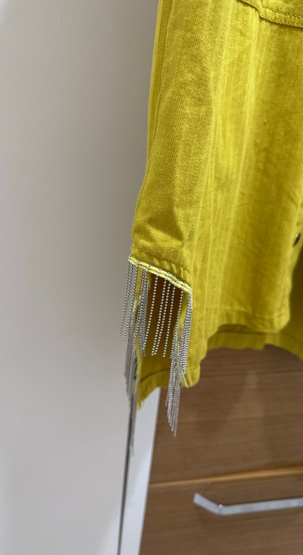 Hardal Sarı Düğmeli Uzun Kollu Keten Gömlek - Görsel 2